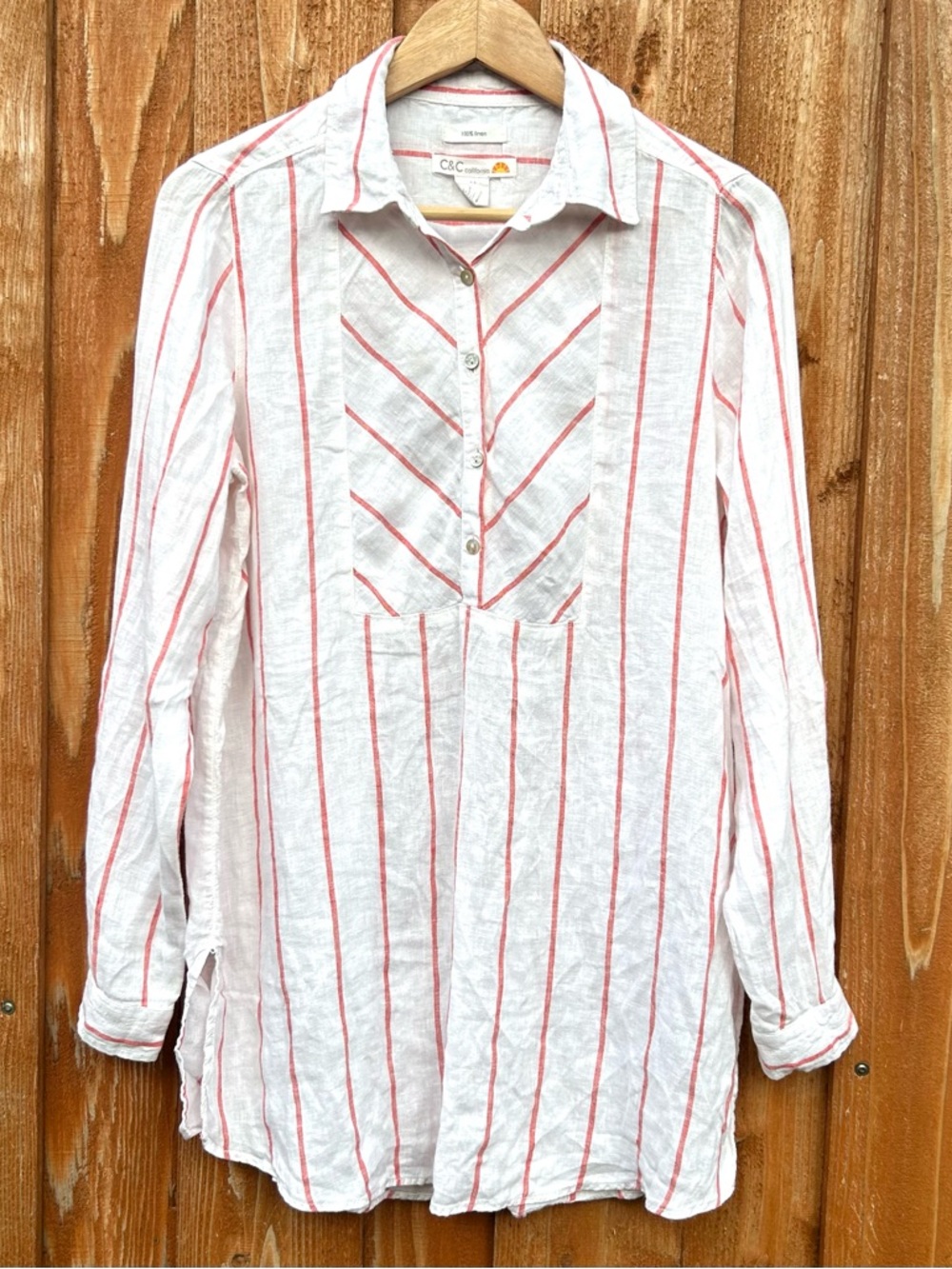 C&C California 100% Linen Striped Henley Boho Coastal Nautical Beach Size S